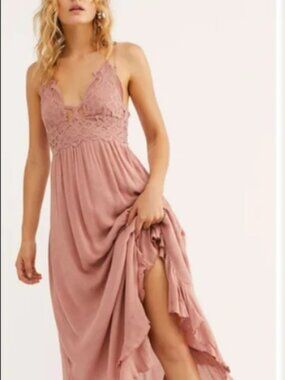 Free People Adella Boho Lace Crochet Bralette Maxi Dress - Dusty Rose - Small
